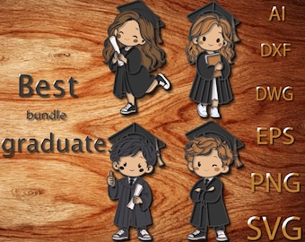 Paquete de graduación SVG, niño y niña graduados en capas, archivo de corte láser, bricolaje, corte de madera contrachapada