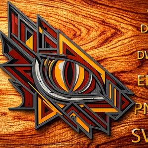 May include: A layered wooden art piece featuring a stylized eye design in shades of red, orange, yellow, and gray. The artwork is set against a wood grain background. Text on the right side includes AI, DXF, DWG, EPS, PNG, and SVG.