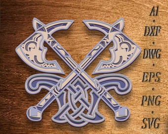 May include: A decorative design of two crossed axes with intricate details, featuring a light blue and beige colour scheme. The axes are set against a woodgrain background.