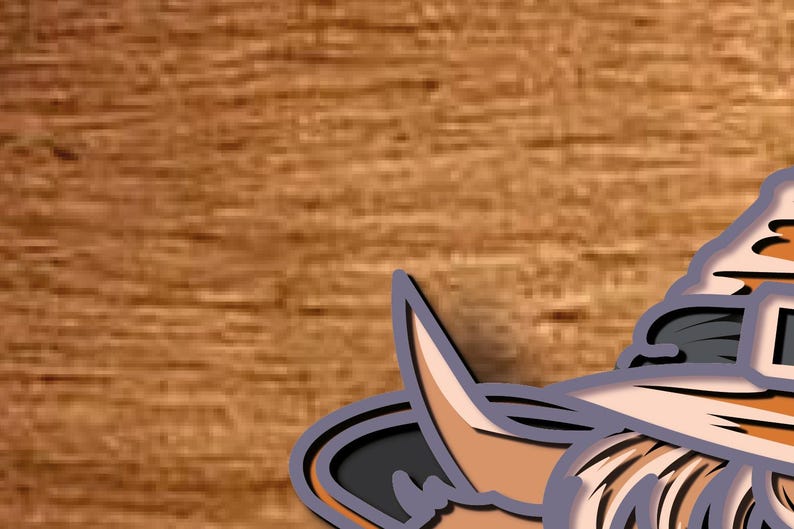 May include: A partial view of a layered, cartoon-style illustration of a gnome wearing a hat. The gnome has a tan beard and a hat with a black brim and a tan top. The illustration is outlined in a dark grey colour.