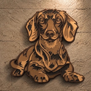 May include: A multi-layered wooden wall art piece depicting a dachshund dog. The artwork features various shades of brown and dark wood tones, creating a dimensional effect with intricate cutouts that define the dog's fur, ears, and facial features.