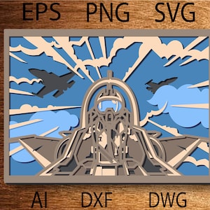 Fighter Pilot Layered 3D SVG, Laser Cuts, Instant Digital Download, Militaire vliegtuigen PNG, Cricut Templates, Luchtvaartkunst, Houten knipsel