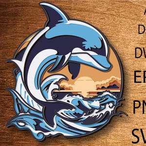Paesaggio marino delfino Multilayer Svg, 3DLayer Dolphin, file Mandala SVG, file modello tagliato al laser, layered CNC Router svg, mandala in compensato 3D