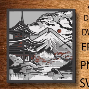 Archivos svg Mandala 3D de paisaje japonés, Panel multicapa para corte por láser, archivos SVG, Plantillas DXF para enrutador CNC, Corte de madera contrachapada