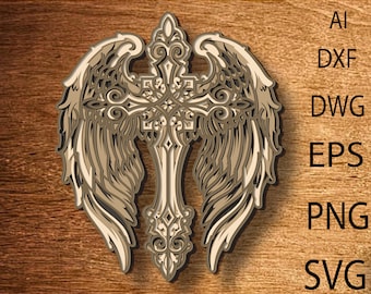 Cross Multilayer SVG,Angel wings Laser cut file,3D layered DXF ,Cross Mandala,Cross Plywood cut,Cross Paper cut,Cross CNC,Cross Home decor