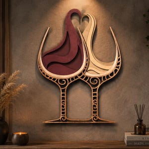 Wine Glass Laser Cut File|Couple Wall Art|Heart Multilayer Svg|CNC|Glowforge File