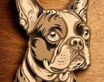 May include: A multi-layered wooden wall art piece depicting a Boston Terrier dog. The design features stacked laser-cut wood panels in varying shades of light and dark brown, creating a three-dimensional effect that highlights the dog's facial features.