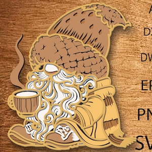 May include: A layered paper art design of a gnome with a long white beard, holding a cup of coffee. The gnome wears a hat and scarf, with the text "AI, DXF, DWG, EPS, PNG, SVG" on the right side.