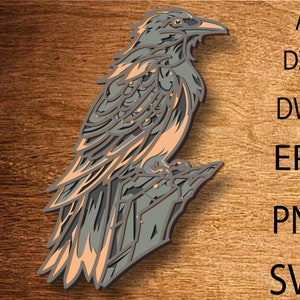 Raven Multilayer SVG, file tagliato al laser, file DXF tagliato al laser a strati 3D, mandala Raven, compensato Raven tagliato, carta Raven tagliata, CNC Raven, decorazioni per la casa Raven