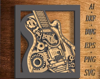 May include: A detailed, intricate laser cut design of an electric guitar with a wood grain finish. The guitar is framed in a black square.