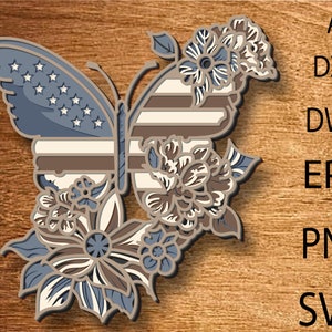 Borboleta multicamadas SVG, Bandeira americana, Patriótica, Arquivo de corte a laser, Multicamadas, Corte DIY, Glowforge, Borboleta de madeira, Arquivos de corte de madeira compensada