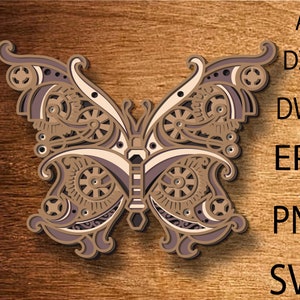 May include: A detailed, intricate, laser-cut butterfly design with a steampunk aesthetic. The butterfly is made of brown and beige wood with a white and purple center. The design features gears, cogs, and other mechanical elements.