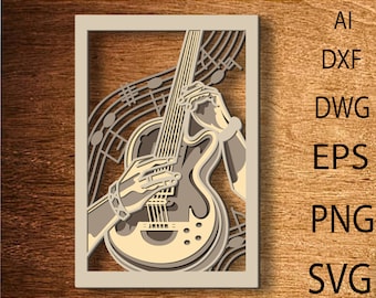 May include: A laser cut design of a hand playing an electric guitar with musical notes in the background. The design is in shades of brown and beige.