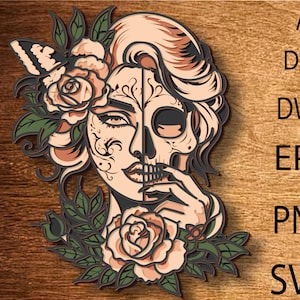 3D vrouw suiker schedel meerlaags SVG-bestand, mandala gelaagde schedel SVG voor Cricut, bloemen schedel CNC routerbestand, Glowforge