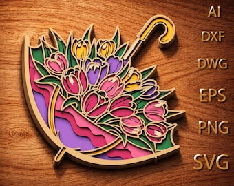 Tulipanes multicapa SVG, Mandala 3D, Corte láser, Archivo de corte de papel, Bricolaje, Corte de madera contrachapada