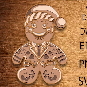 Könnte beinhalten: Ein mehrschichtiges Lebkuchenmann-Design in Brauntönen, das einen Anzug und einen Hut trägt. Das Bild ist eine Vektorgrafik, mit Dateitypoptionen auf der rechten Seite: AI, DXF, DWG, EPS, PNG und SVG. Der Lebkuchenmann hat ein lächelndes Gesicht.