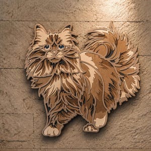May include: A multi-layered wooden wall art piece depicting a long-haired cat with a fluffy tail. The design features intricate cutouts in various shades of brown and tan, creating a dimensional effect. The cat has blue eyes and detailed fur patterns.