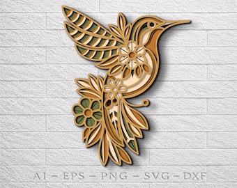 Mehrschichtige Kolibri-SVG-Datei, 3D-Mandala, Laserschnitt, Papierschnittdatei, Sperrholzzuschnitt