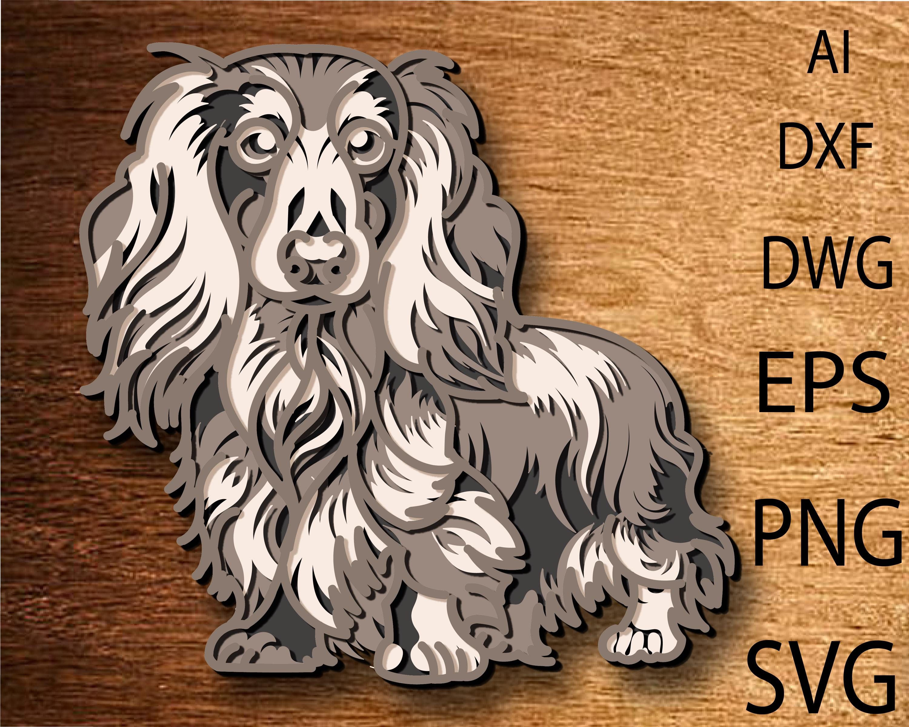 Long-haired Dachshund dog multilayer SVG. Digital file Dachshund dog laser file. File for paper cutting. DXF, Dog wall art .Plywood cut