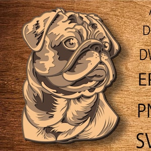 May include: A detailed illustration of a pug dog's head, with a brown and tan color scheme. The dog's face is expressive, with a wrinkled forehead and a slightly open mouth.