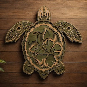 May include: A multi-layered wooden wall art piece shaped like a sea turtle. The design features intricate cutouts with alternating layers of natural light wood and dark olive green stained wood, showcasing a central hibiscus flower motif.