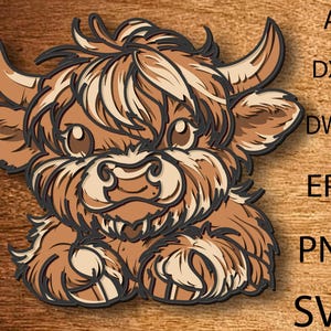 Svg multicouche vache Highland, fichier découpé au laser 3D vache en couches, Dxf Dwg en couches, fichier SVG de coupe de contreplaqué, vache contreplaqué 3D, modèle de tête, coupe de contreplaqué