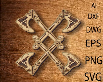 May include: Two crossed axes with intricate details, resembling a Viking symbol. The axes are brown and have a light brown handle.