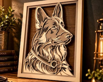 May include: A multi-layered wooden wall art piece featuring a detailed profile of a German Shepherd dog. The artwork is constructed from stacked laser-cut wood panels in shades of brown, tan, and cream, housed within a light-colored wooden frame.
