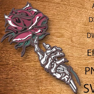 May include: A layered, stylized illustration of a rose held by a skeleton hand. The rose is a deep burgundy with white and green accents. The hand is white with black shading. The image includes the text "AI, DXF, DWG, EPS, PNG, SVG".