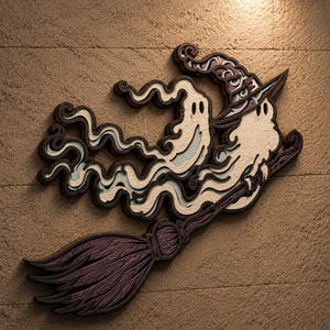 Puede incluir: Una pieza de arte mural de madera en capas que representa dos fantasmas blancos volando sobre una escoba morada. Un fantasma lleva un sombrero puntiagudo morado con patrones blancos. El diseño tiene bordes marrones y aspecto texturizado.