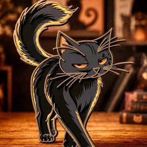 May include: A layered wooden cutout of a black cat with yellow eyes and a raised tail. The cat is depicted in a walking pose with detailed etched lines representing fur, whiskers, and facial features, featuring a multi-dimensional design.