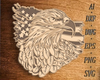 Eagle and Flag SVG, American Flag, Bald Eagle, Laser Cut file, Multilayer, DIY Cutting, Glowforge, Wooden Animal, Wall Decor