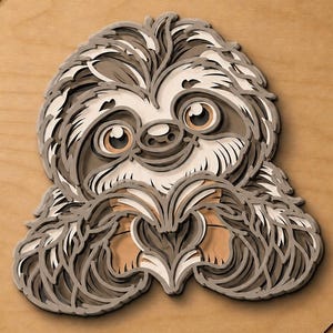 May include: A multi-layered wooden wall art piece featuring a stylized sloth with a cream, tan, and dark brown finish. The sloth is depicted with large eyes and its paws positioned together to form a heart shape, creating a dimensional effect.