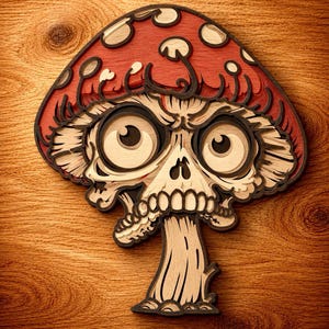 May include: A multi-layered wooden wall art piece shaped like a mushroom with a red cap featuring white spots. The center of the mushroom cap depicts a stylized skull with large, wide eyes, a nose cavity, and teeth, all rendered in natural wood tones.