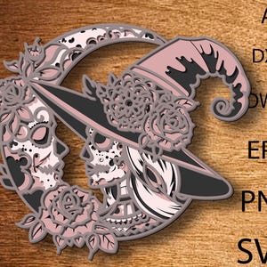 File SVG multistrato con teschio di zucchero di donna e luna 3D, taglio laser, taglio su carta, teschio a strati mandala SVG per Cricut, file per router CNC con teschio floreale