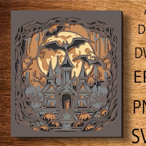 Paysage d'Halloween multicouche Svg, fichier 3D, Halloween, fichiers SVG Mandala, fichiers de modèle découpés au Laser, routeur CNC en couches, mandala 3D en contreplaqué