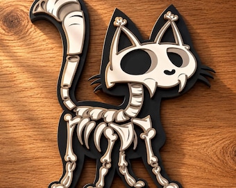 May include: A layered wall art piece featuring a stylized cat skeleton design. The artwork is constructed from black and off-white materials, showcasing a detailed skeletal structure including a skull, ribcage, and tail, all set against a flat black base.