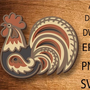 May include: A layered papercut design of a rooster with a red comb and wattle, brown and beige feathers, and a black body.