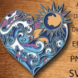 May include: A heart-shaped design featuring a stylised sun with a crescent moon and a wave pattern in shades of blue, pink, and white.