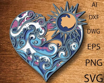 Ocean Heart Multilayer SVG Files,Svg file ,Paper cut, Files for Laser Cutting, Multilayer Decorative Panel,Zentangle SVG,Plywood cut