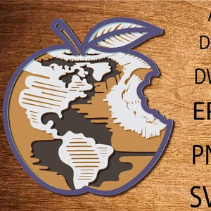 Mapa świata Apple Multilayer Svg, cięcie laserowe, plik Svg, cięcie laserowe DXF warstwowe 3D, mapa świata Mandala, cięcie ze sklejki, cięcie z papieru, CNC, wystrój domu
