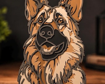 May include: A multi-layered wooden wall art piece depicting a German Shepherd dog. The design features stacked cutouts in shades of tan, cream, brown, and black, creating a dimensional portrait of the canine with pointed ears and a dark muzzle.