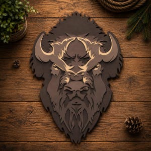May include: A layered wooden wall art piece featuring a stylized bison head. The design uses dark brown and light tan wood tones to create depth, showcasing the animal's horns, eyes, and shaggy fur texture in a symmetrical, intricate cutout pattern.