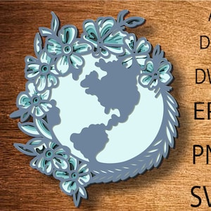 Svg multicapa de la Tierra, Mapa mundial 3DLayer Ocean, Archivos SVG de Mandala, Archivos de plantilla de corte láser, Enrutador CNC en capas svg, Mandala de madera contrachapada, Decoración del hogar