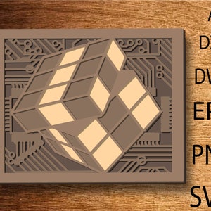 May include: A brown and beige 3D puzzle in the shape of a cube, with a circuit board pattern in the background. The puzzle is made of wood and has a detailed design.