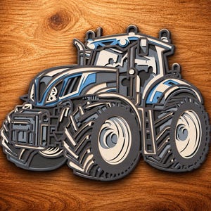Puede incluir: Una pieza de arte mural de madera multicapa con forma de tractor, que presenta una paleta de colores azul claro, gris oscuro y crema. El diseño muestra recortes intrincados y capas apiladas que crean un efecto tridimensional de un vehículo agrícola.