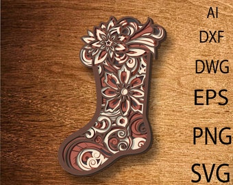 3d layered Christmas stocking sock multi layer mandala laser cut file,commercial use, wall art home decor CNC download dxf svg ai dwg cricut