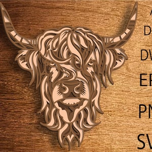 Highland Cow meerlaagse svg, lasergesneden bestand 3D gelaagde koe, gelaagde dxf dwg, multiplex snijden SVG-bestand, 3D multiplex koe, hoofdsjabloon, multiplexsnede