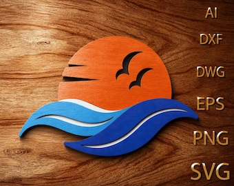 Archivo SVG de puesta de sol oceánica multicapa/Olas de playa para corte láser/Diseño de corte CNC para Cricut Glowforge