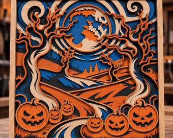 Halloween-Landschafts-SVG-Datei (mehrlagig), 3D-Kürbis-Mandala, Laserschnittvorlage